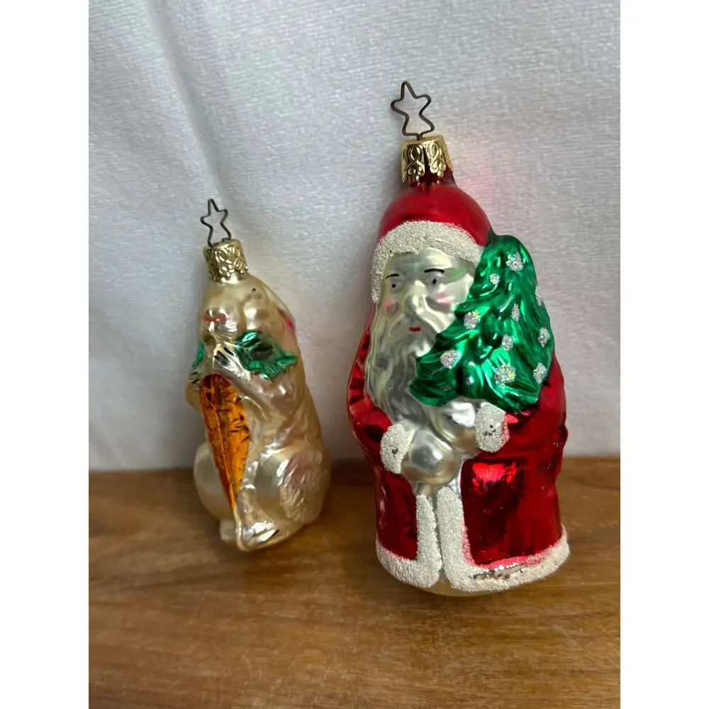 Inge Glas Ornaments Glass Santa and Rabbit Germany Christmas Traditional Gift